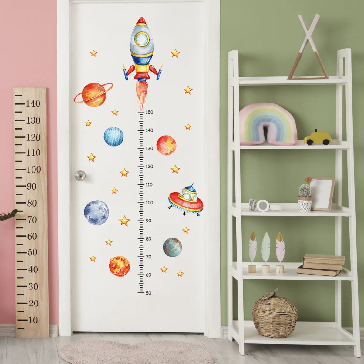 Cartoon Planet Rocket Height Measurement Wall Stickers for Kids Room Baby Boy Room