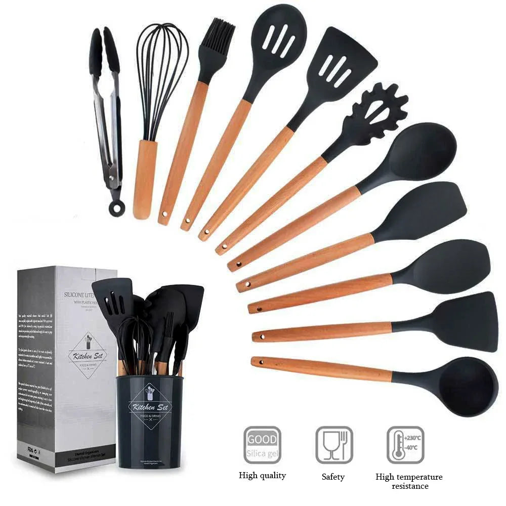 12PCS Silicone Kitchenware Non-Stick Utensils Set Wooden Handle Cooking Tool Set