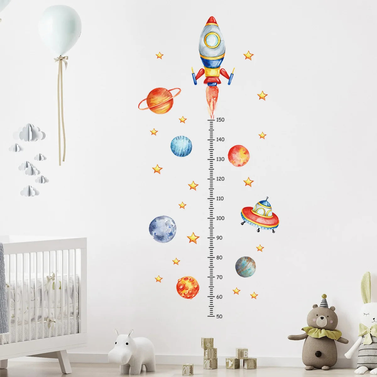 Cartoon Planet Rocket Height Measurement Wall Stickers for Kids Room Baby Boy Room