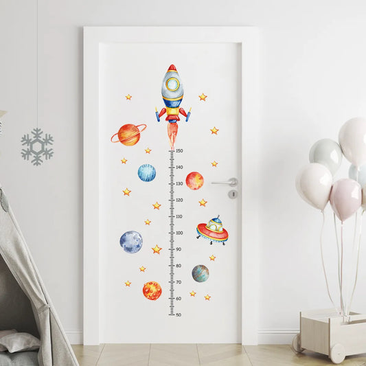 Cartoon Planet Rocket Height Measurement Wall Stickers for Kids Room Baby Boy Room