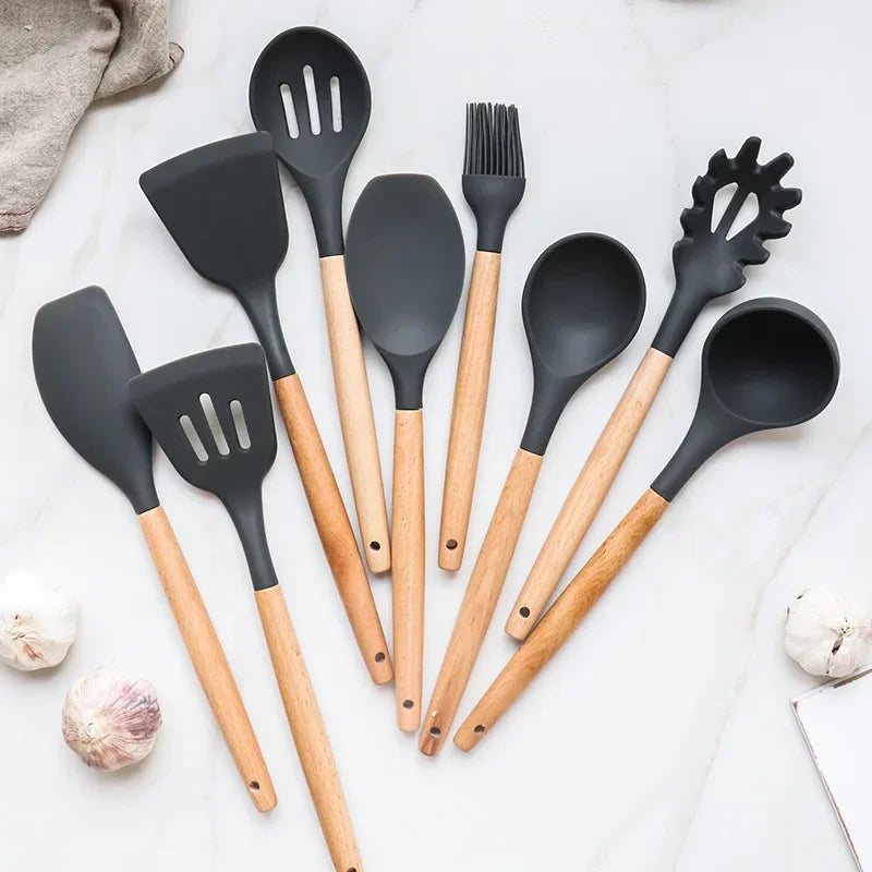 12PCS Silicone Kitchenware Non-Stick Utensils Set Wooden Handle Cooking Tool Set