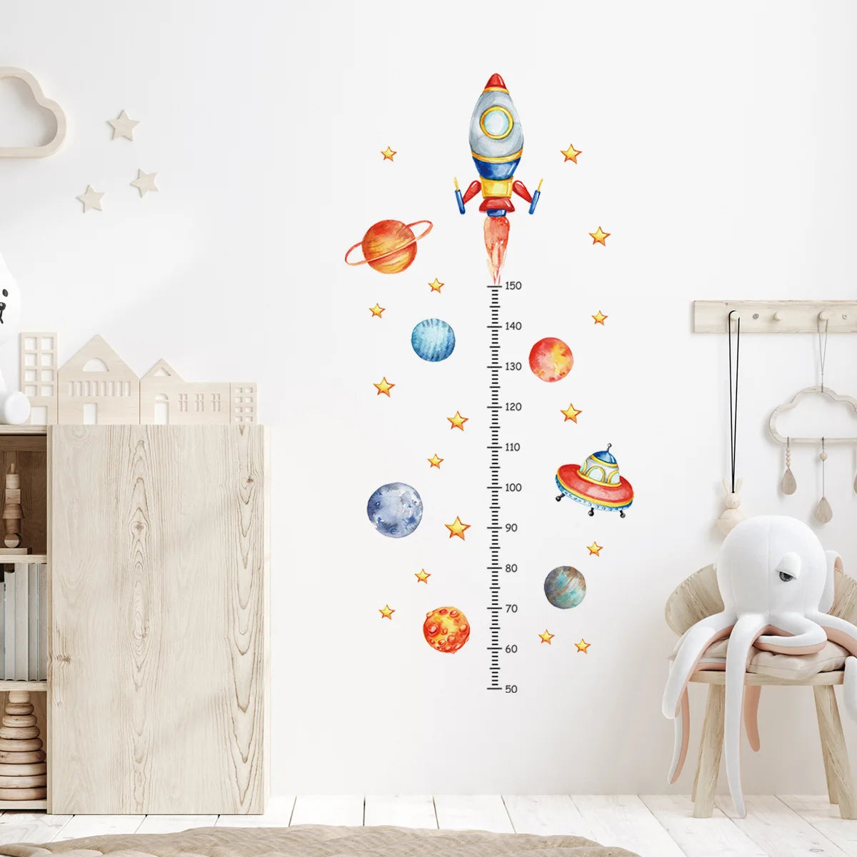 Cartoon Planet Rocket Height Measurement Wall Stickers for Kids Room Baby Boy Room